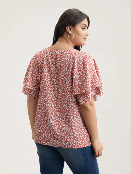 Ditsy Floral Print Tiered Lotus Leaf Sleeve Shirt