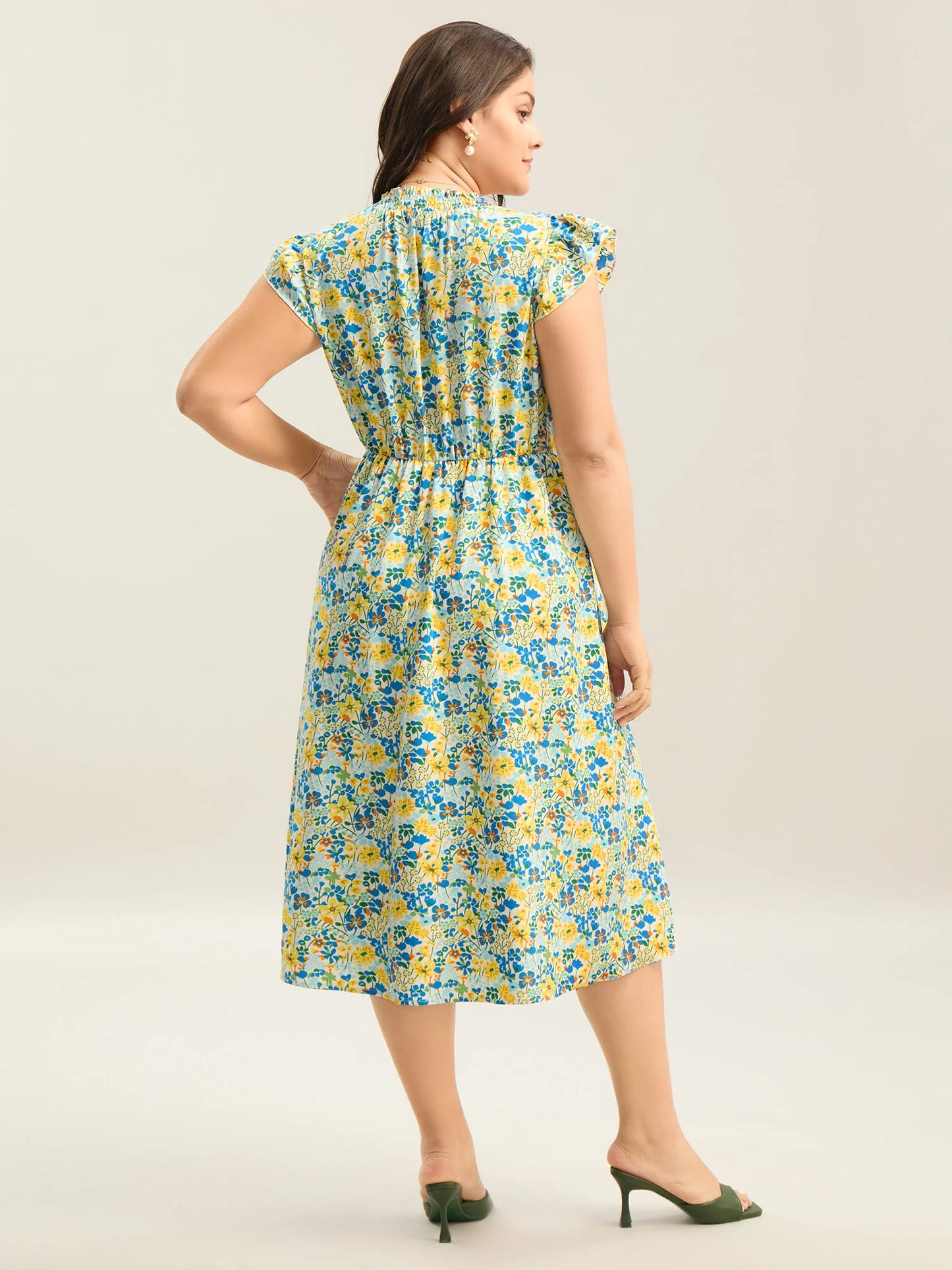 Floral Print Shirred Pockets Midi Dress