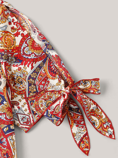 Paisley Print Round Neck Tied Shirt
