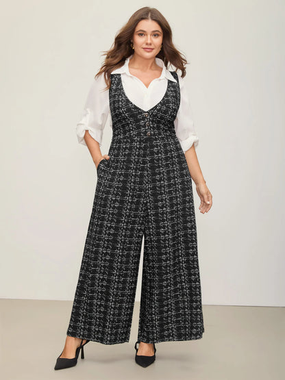 Plaid Tweed Crisscross Back Button Detail Jumpsuit