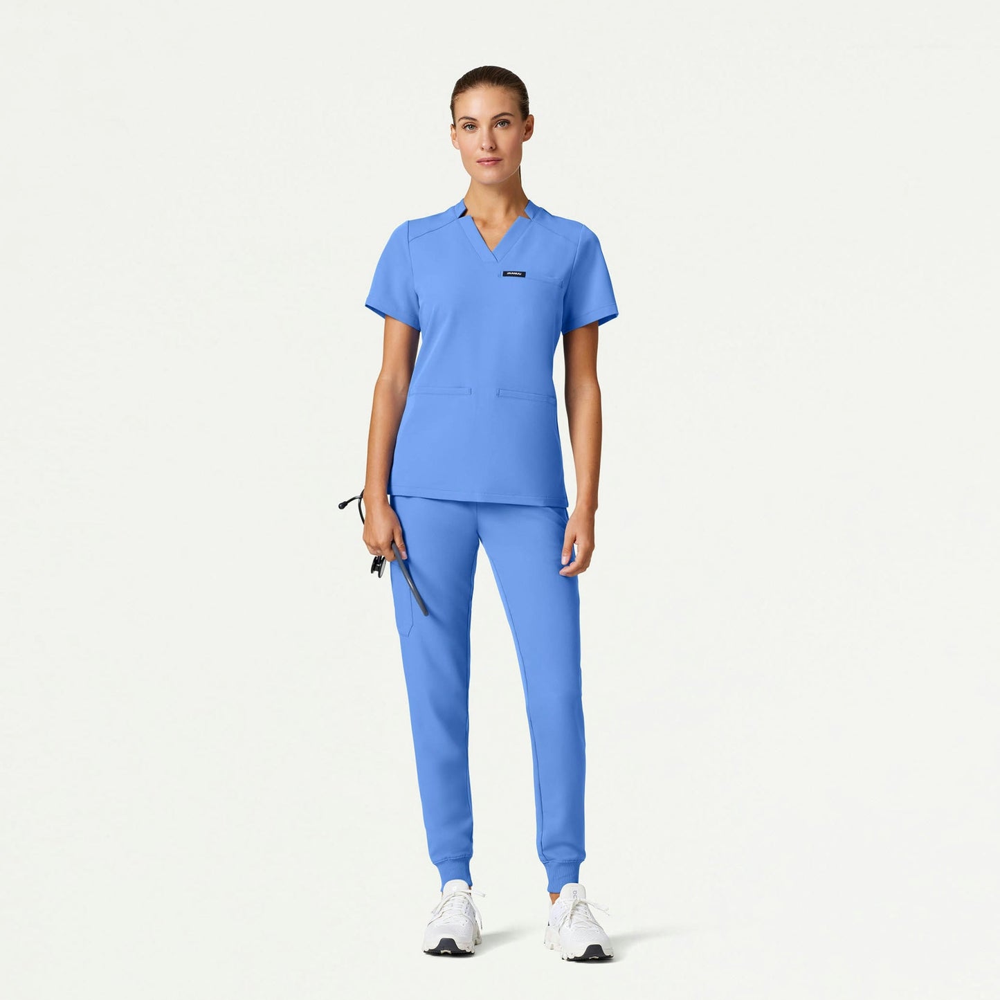 Helia Slim Notched V-Neck Scrub Top - Ceil Blue