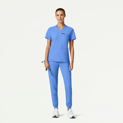 Helia Slim Notched V-Neck Scrub Top - Ceil Blue