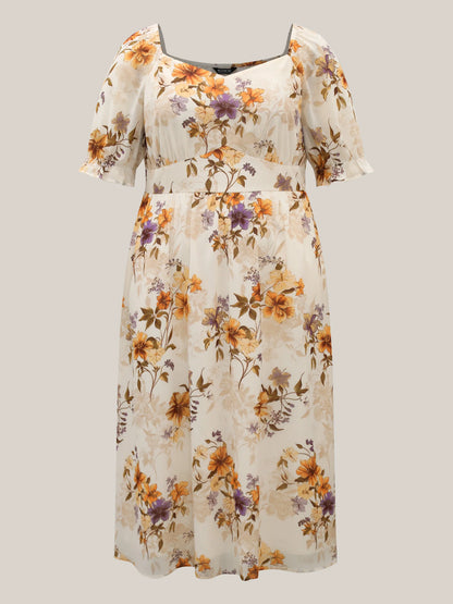 Chiffon Floral Waist-Cinched Maxi Dress