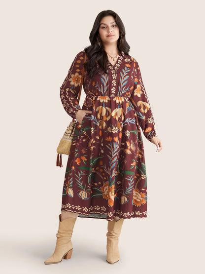 Bandana Print Pocket Lapel Collar Elastic Cuffs Dress
