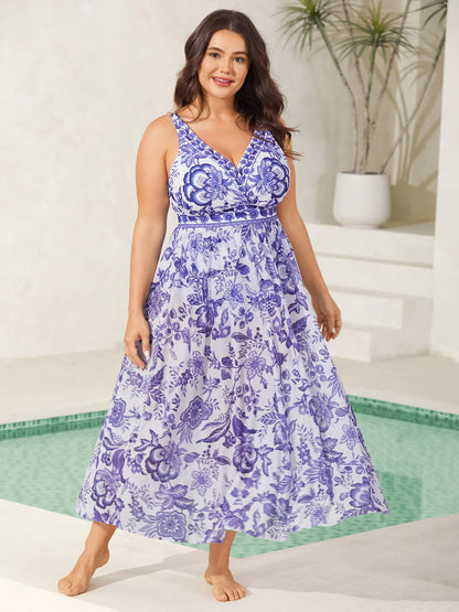 Two-Piece Floral Print Ruched Mesh Swimsuit, Sarong