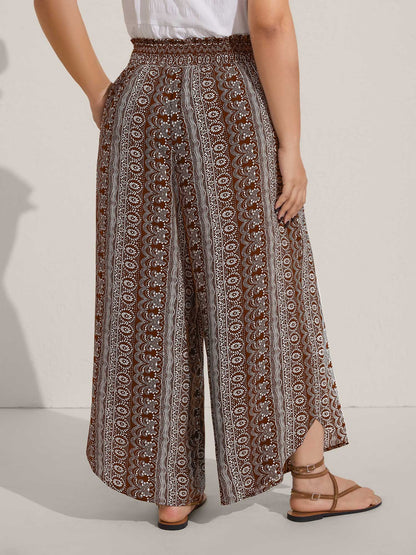 Boho Print Shirred Waist Wide-Leg Pants