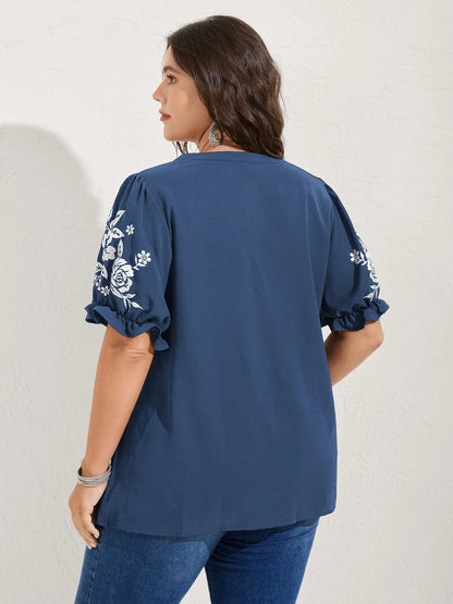 Notched Collar Embroidered Ruffled Blouse