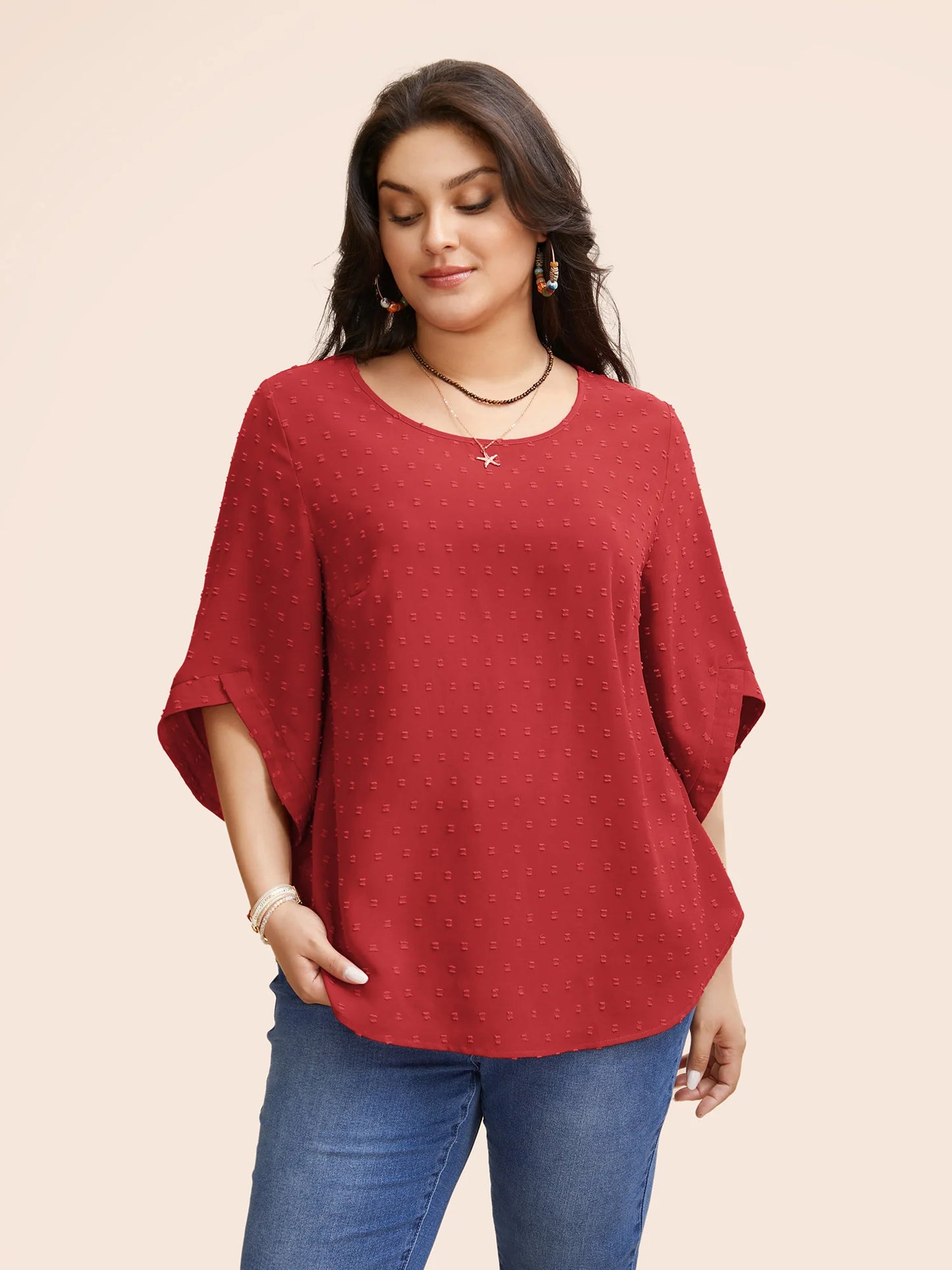 Textured Round Neck Bell Sleeve Blouse