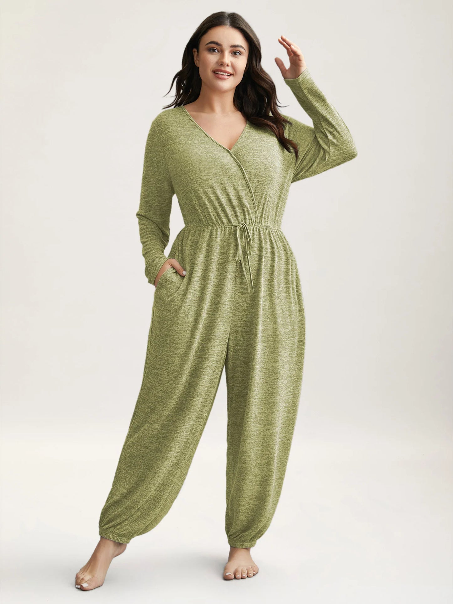 Elastic Waist Overlap Collar Lounge Jumpsuit