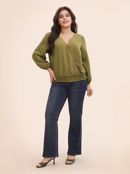 Striped Textured Overlap Collar Shirred Blouse