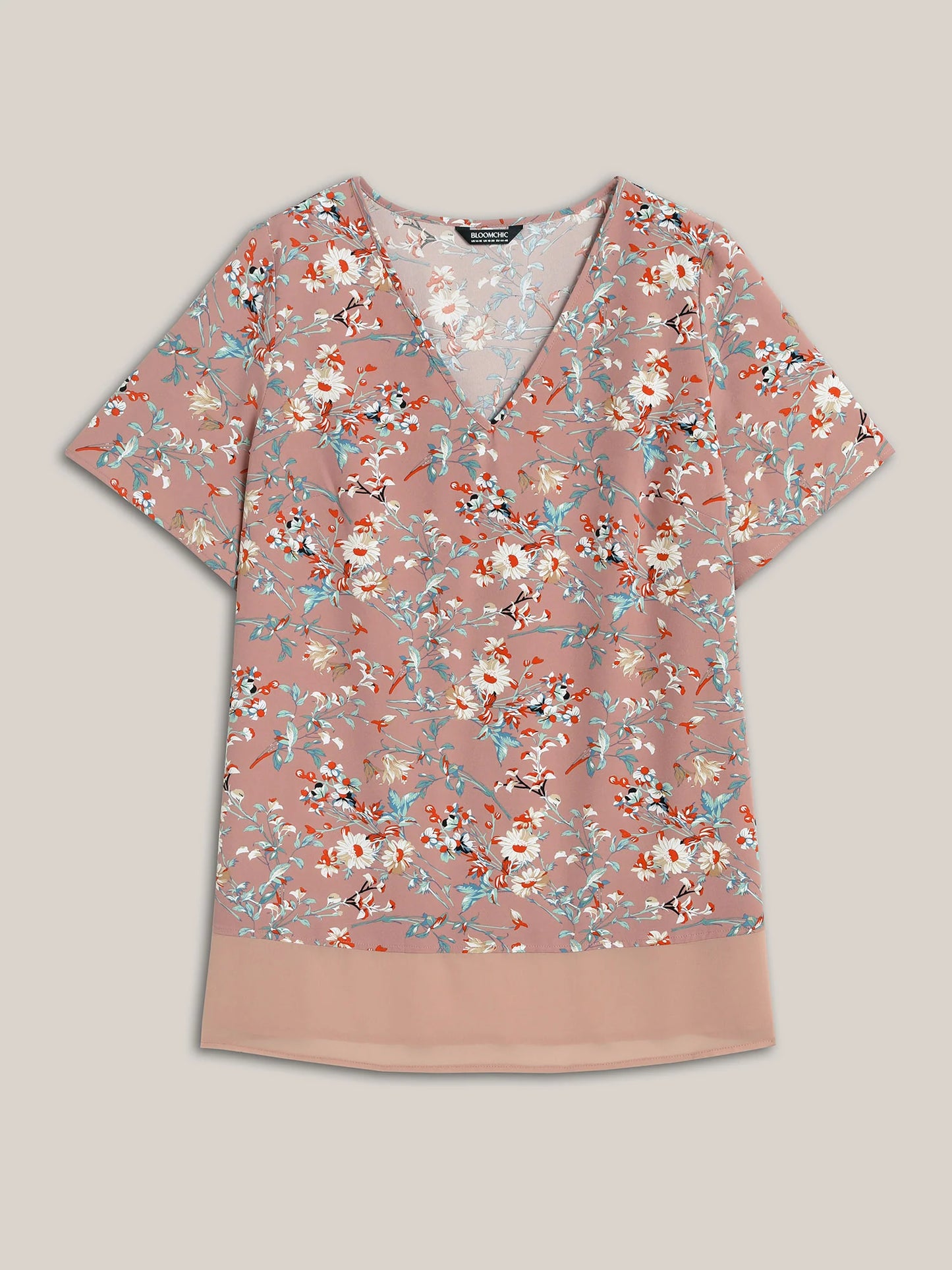 Garden Print Spliced V-Neck Blouse
