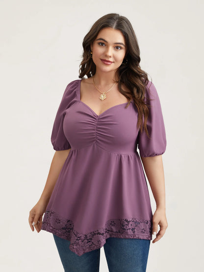 Sweetheart Neck Lace High-Low Hem Shirt