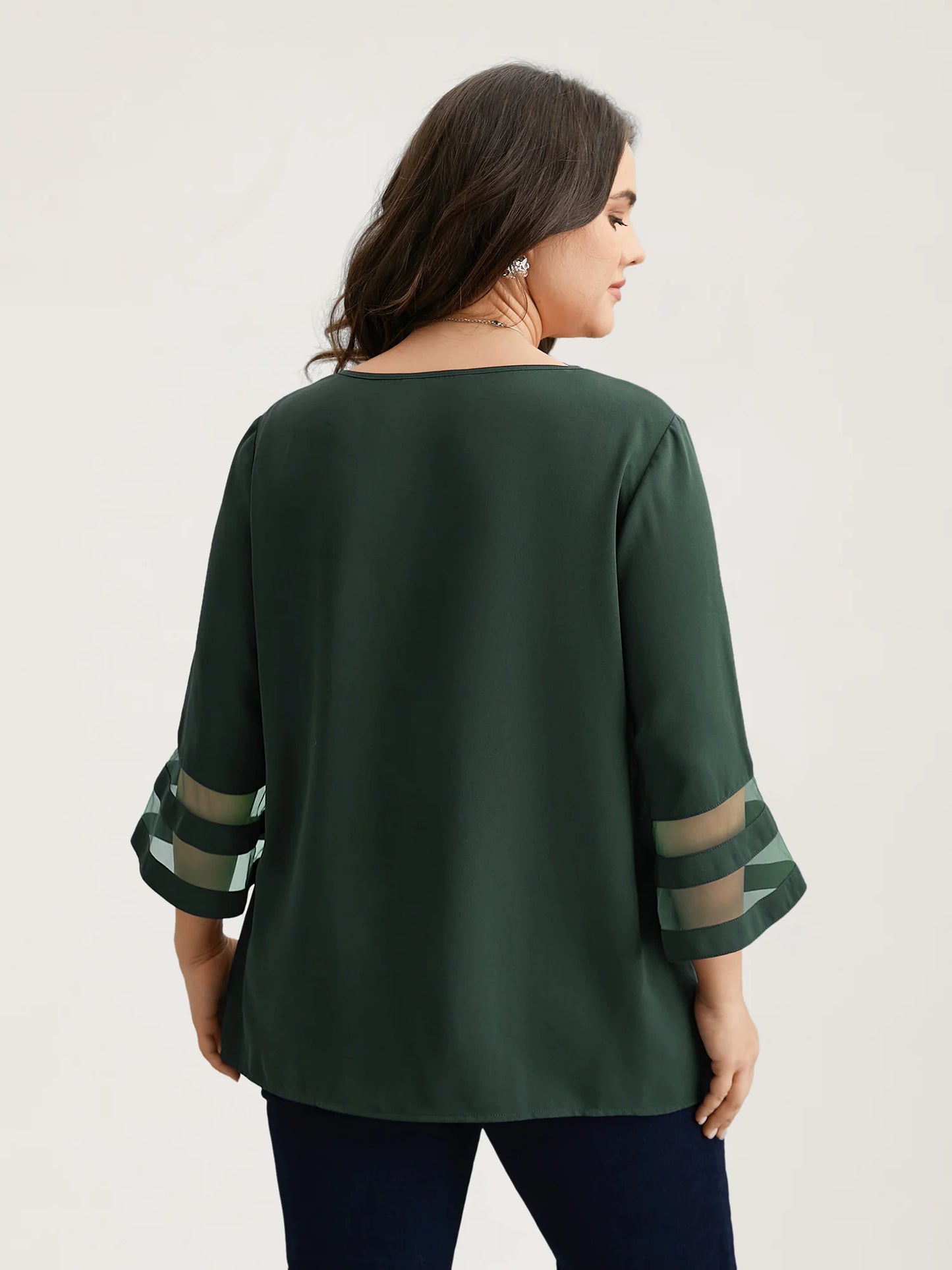 Sheer Sleeve Patchwork Asymmetrical Neckline Blouse