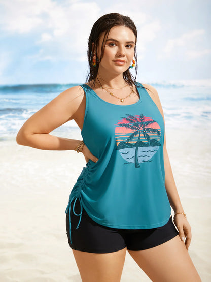 Island Print Drawstring Adjustable Swim Top