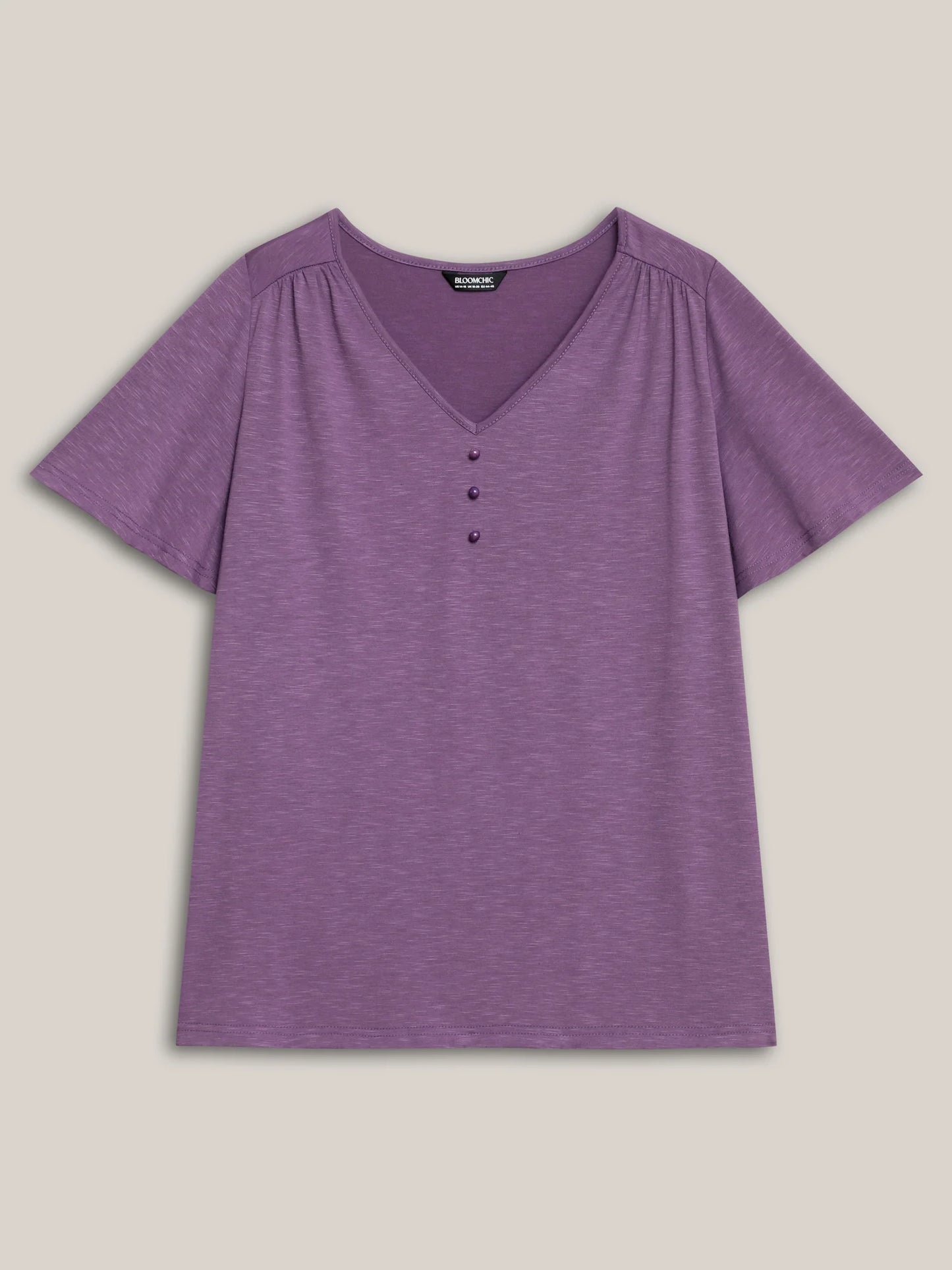 Bamboo Textured Pleated Shoulder Button T-Shirt
