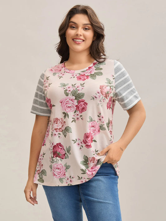 Floral Striped Stretchy Crew Neck T-Shirt
