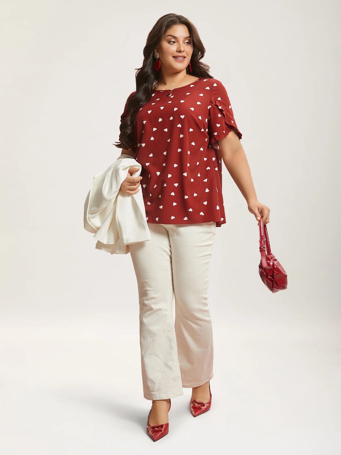 Ruffled Overlap Sleeve Heart Pattern Blouse