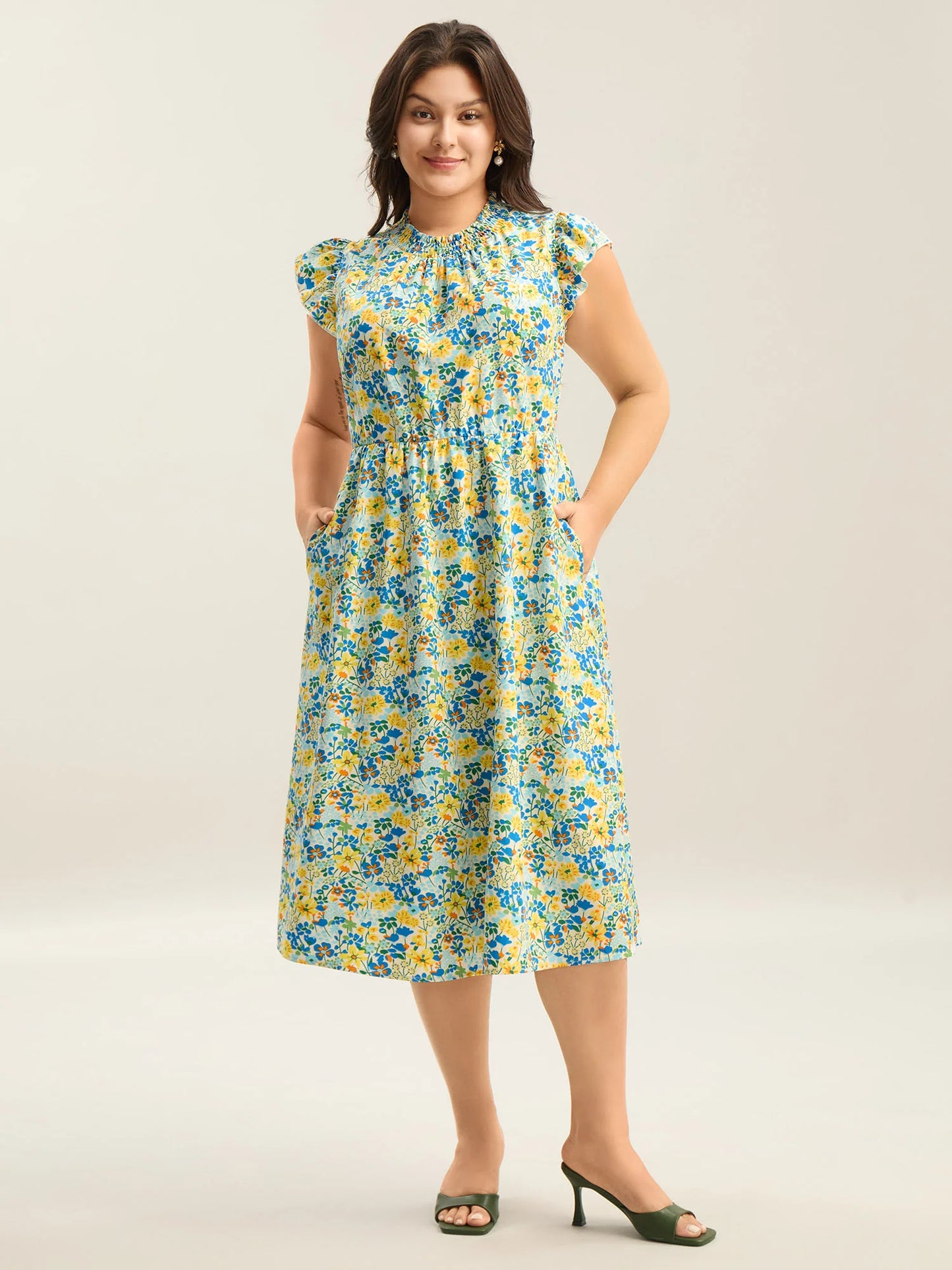 Floral Print Shirred Pockets Midi Dress