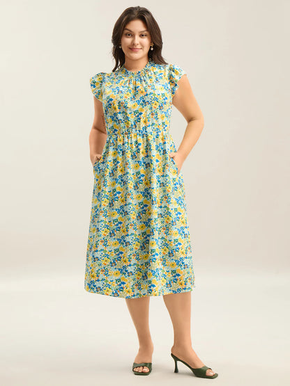 Floral Print Shirred Pockets Midi Dress