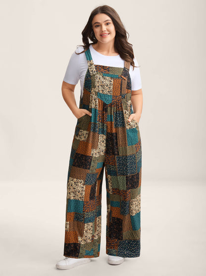 Vintage Boho Collage Overall Straps Jumpsuit