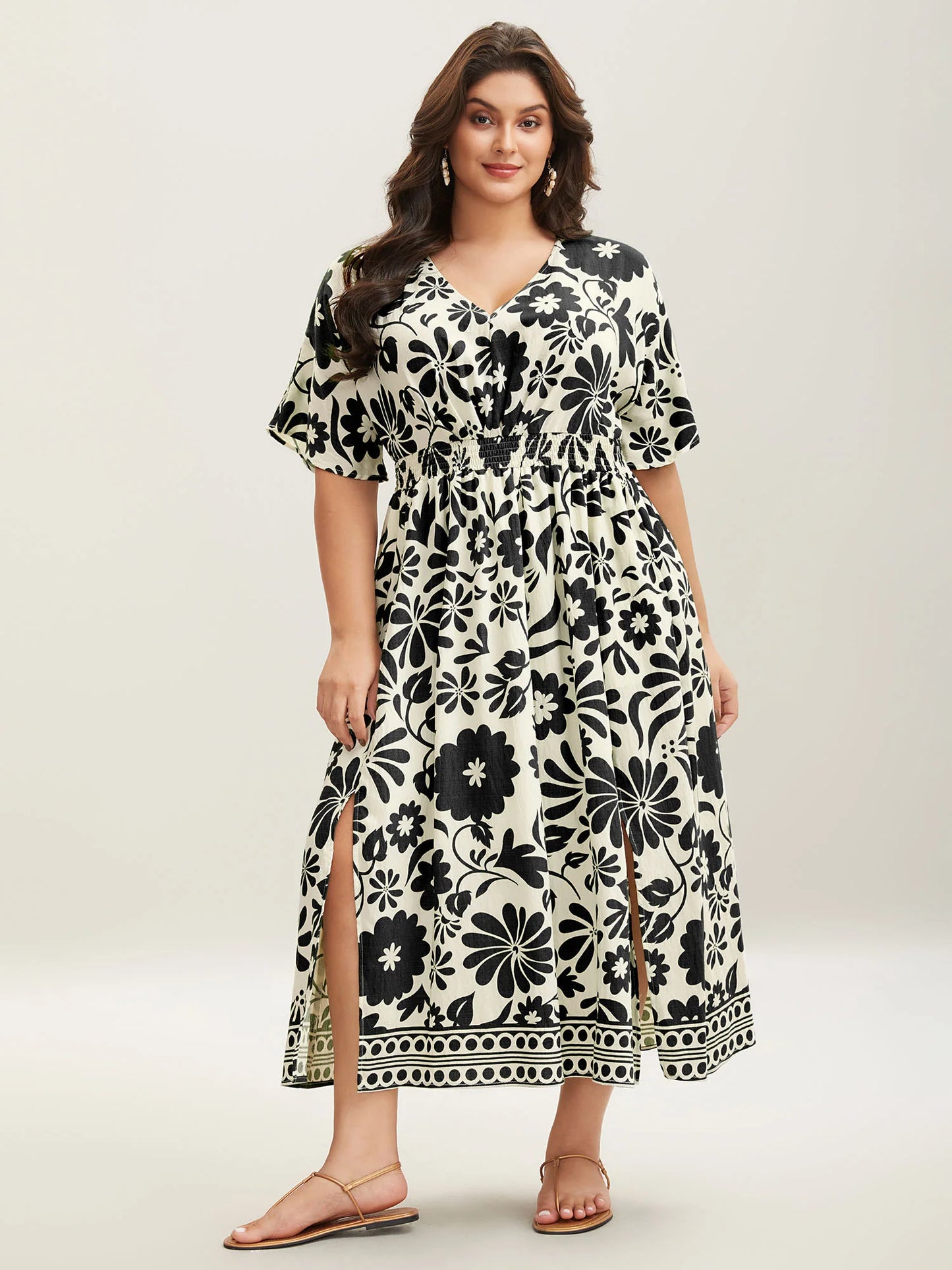 Large Floral Print Pockets Midi Dress