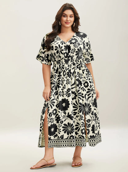 Large Floral Print Pockets Midi Dress