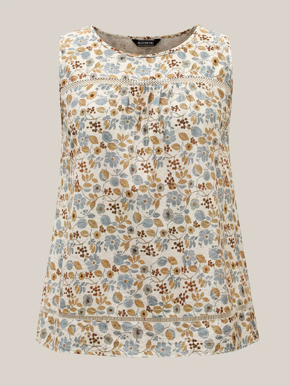 Lace Trim Spliced Floral Print Tank Top