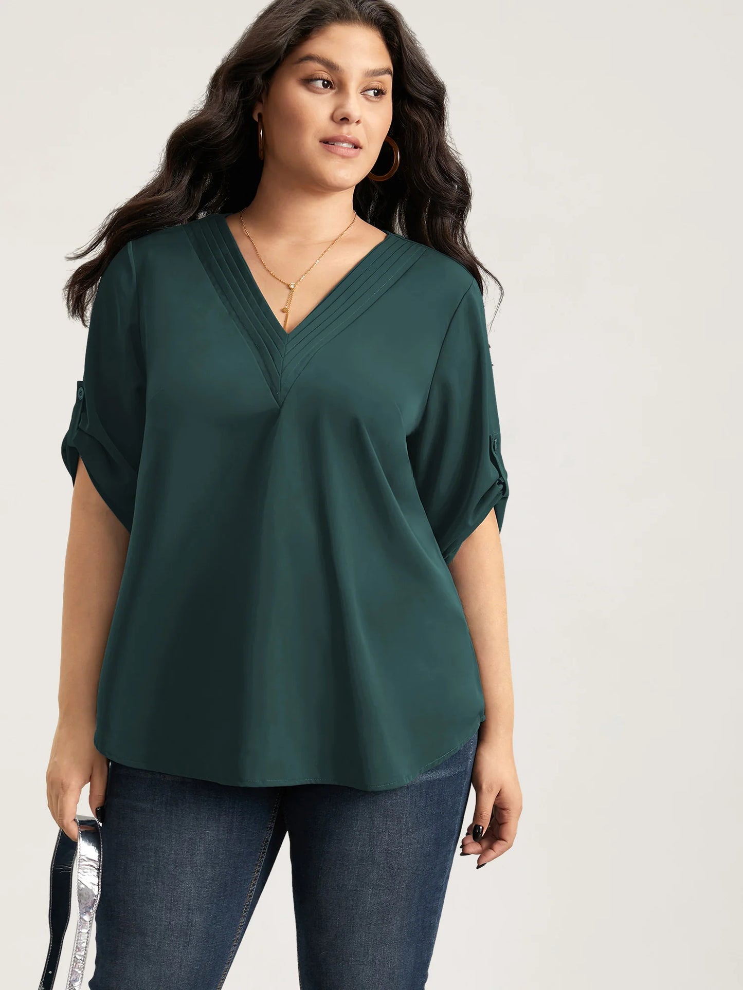 V Neck Plain Pleated Tab Sleeve Blouse