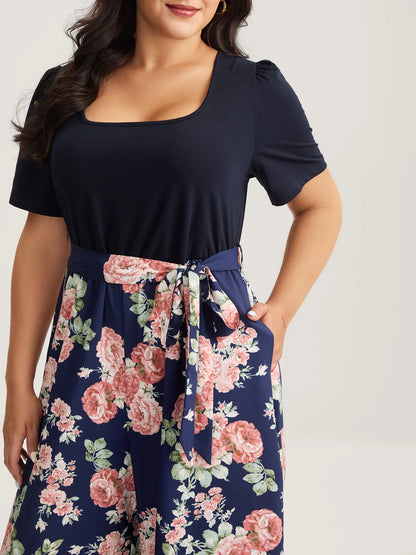 Color Contrast Belted Panel Pockets Jumpsuit