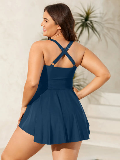 Twist Front Ruched Ruffled Swim Dress