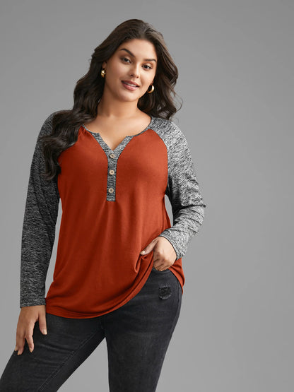 Heather Patchwork Button Detail Stretchy T-Shirt