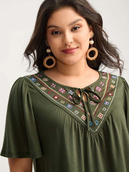 Geometric Embroidery Neck-Tie Top