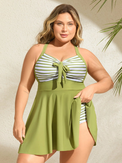 Stripes Patchwork Tie Knot Cross Straps Swim Dress