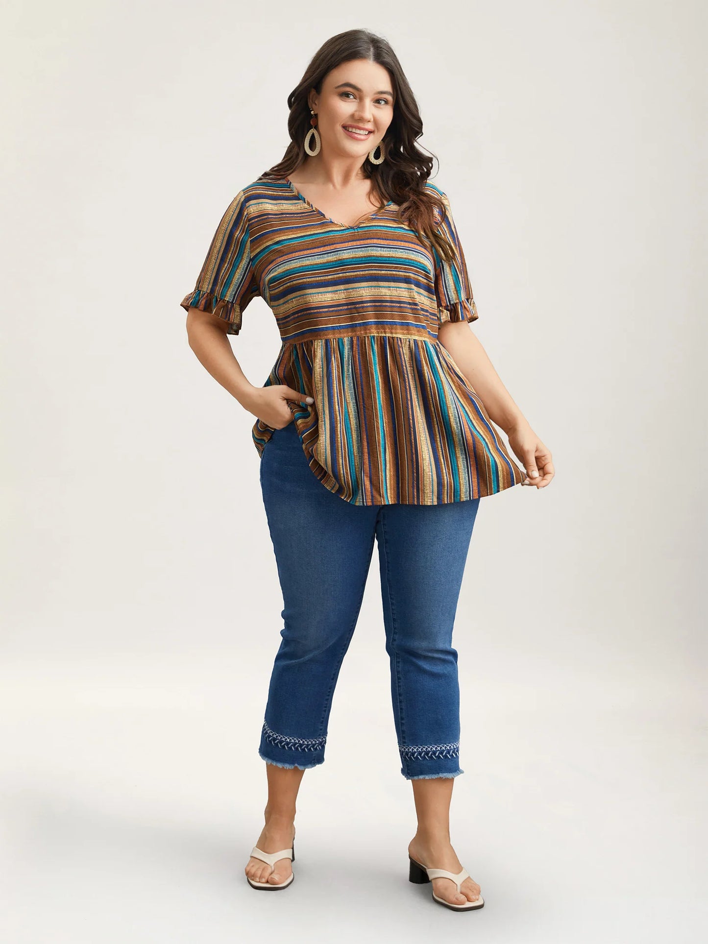 Striped V-Neck Peplum Shirt