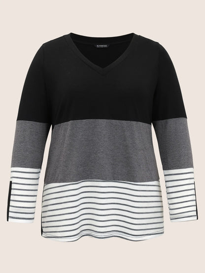 Colorblock Contrast Striped V Neck T-shirt