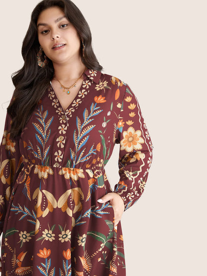 Bandana Print Pocket Lapel Collar Elastic Cuffs Dress