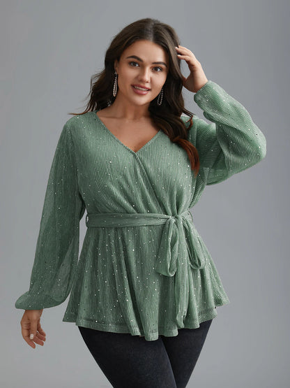 Sequin Mesh Lantern Sleeve Wrap Belted Striped Blouse
