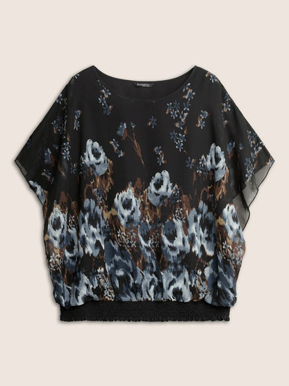 Pixel Flower Shirred Batwing Sleeve Blouse