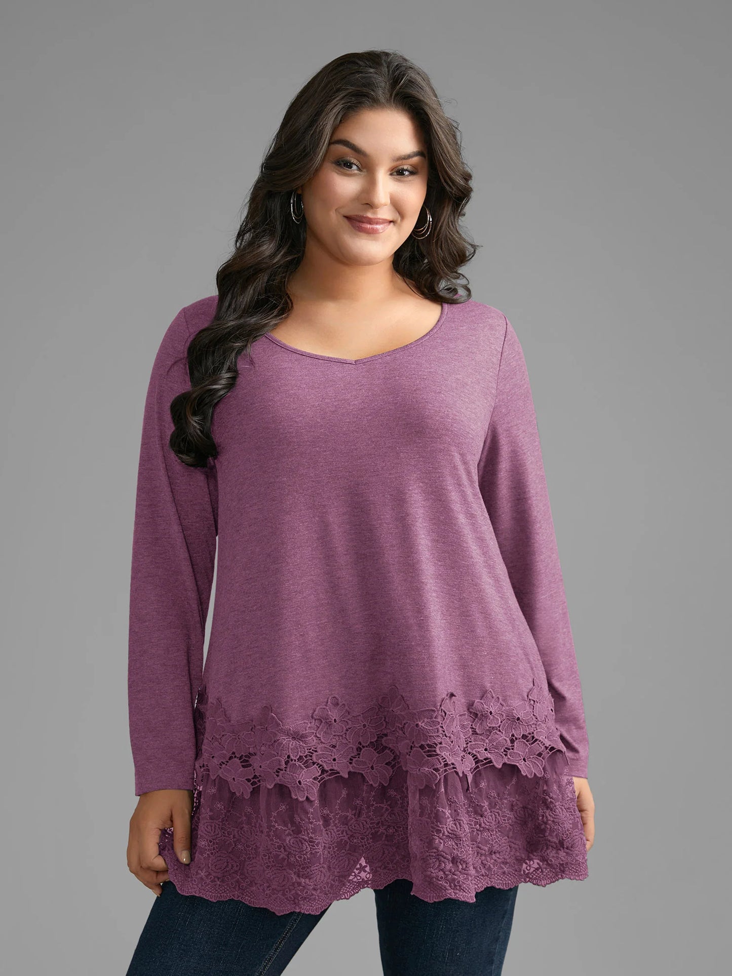 V Neck Lace Panel Jersey Top