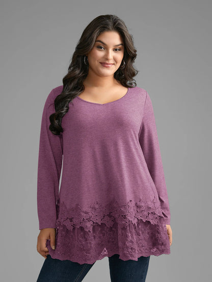 V Neck Lace Panel Jersey Top