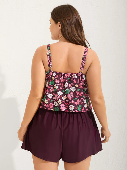 Floral Print Keyhole Pockets Swim Romper