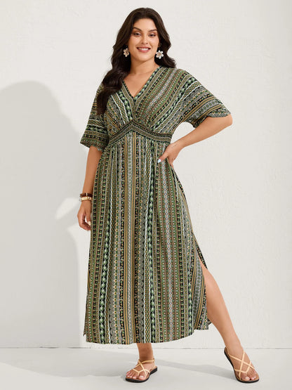 Striped Contrast Dolman Sleeve Shirred Pocket Split Flutter Dress