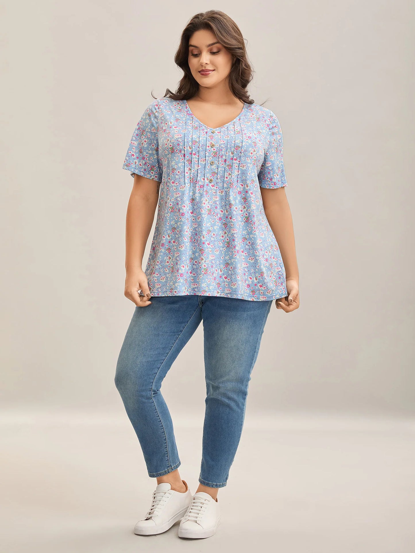 Floral Print Plicated Detail T-Shirt