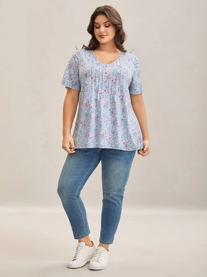 Floral Print Plicated Detail T-Shirt