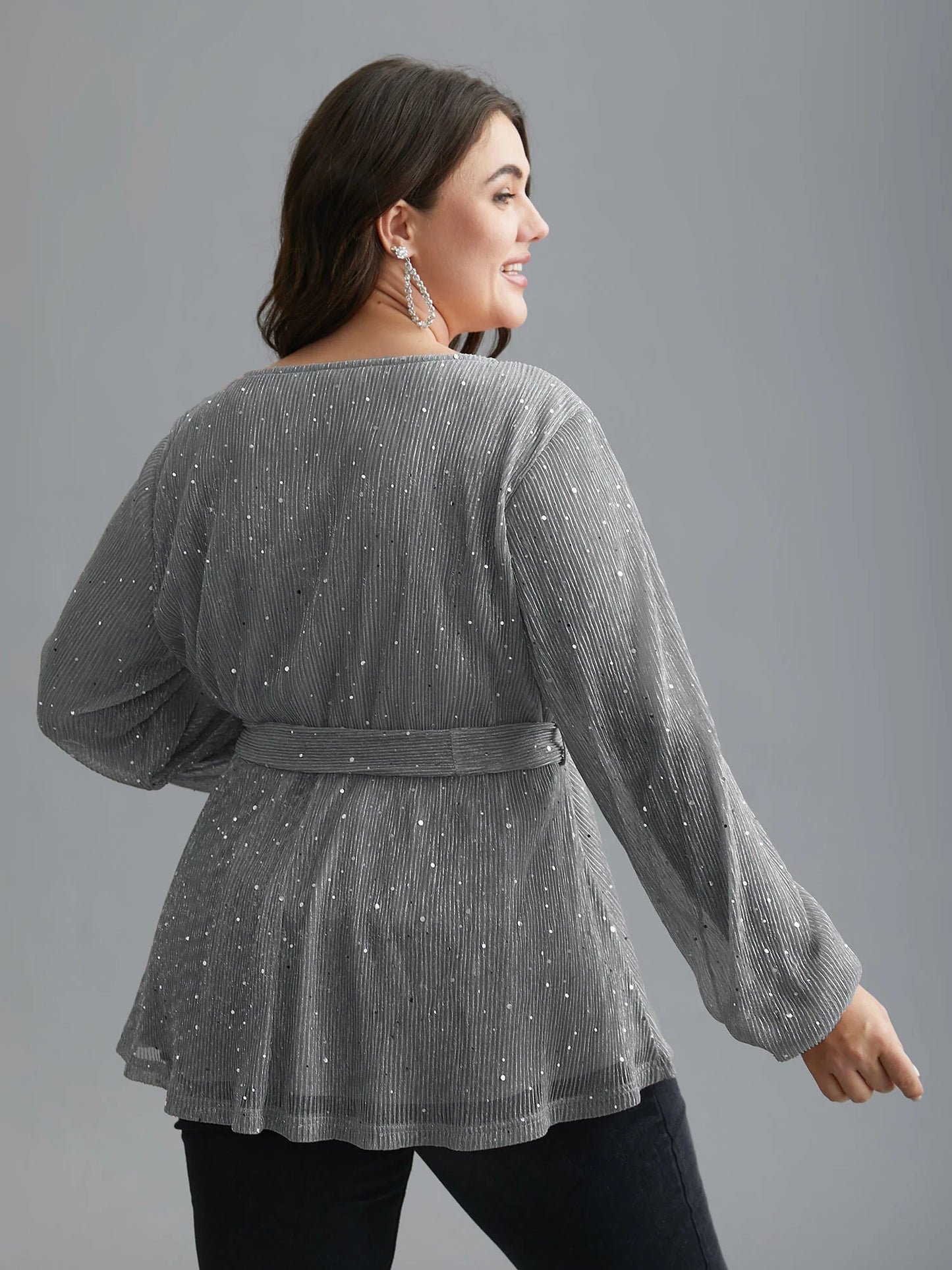 Sequin Mesh Lantern Sleeve Wrap Belted Striped Blouse