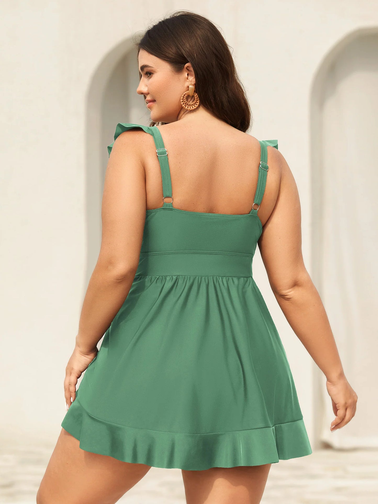 Ruffled Hem Flutter Sleeve Drawstring Swim Dress