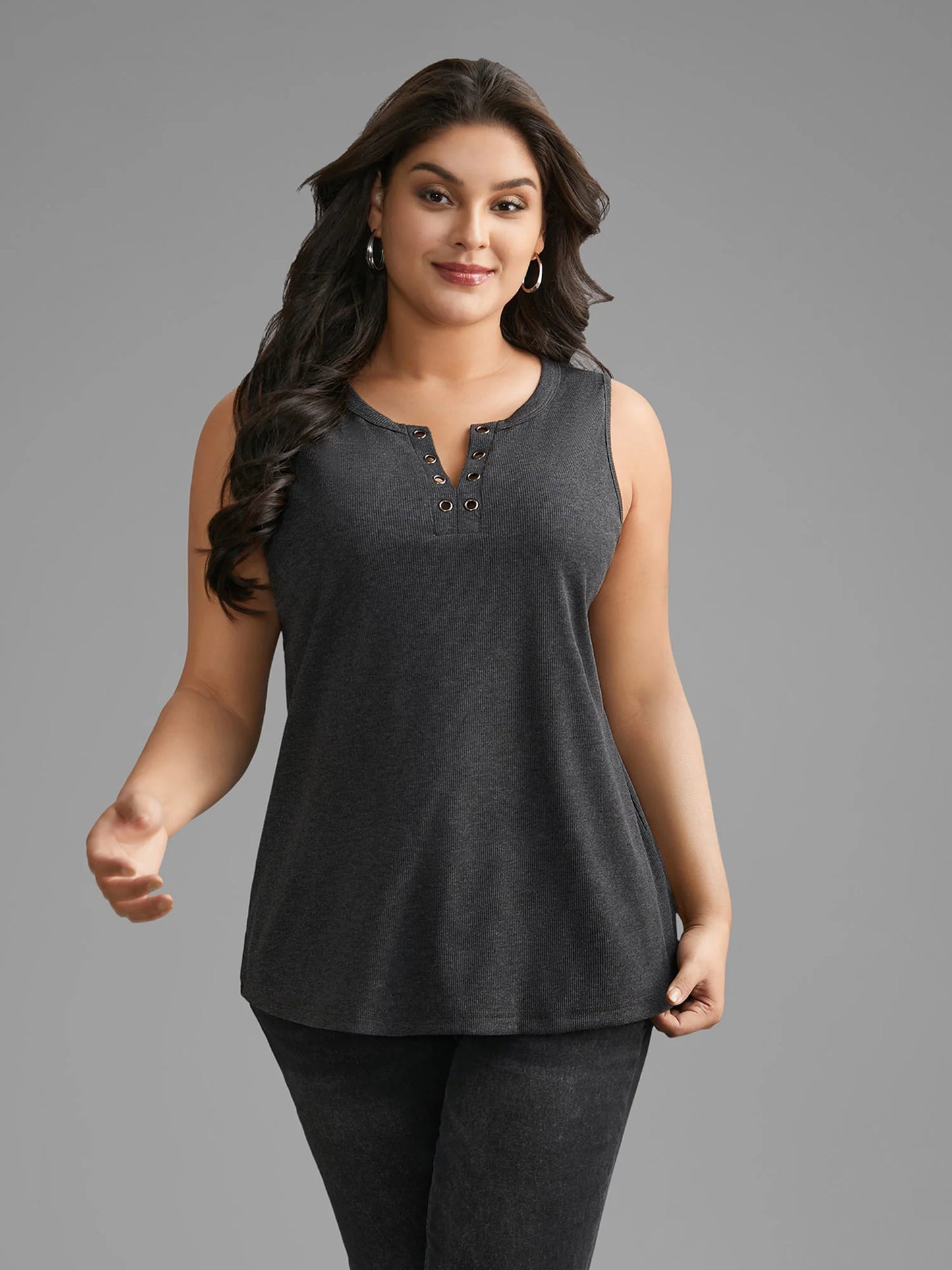 Notched Collar Eyelet Tank Top