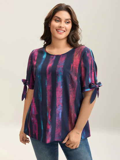 Irregular Stripes Sleeve Tie Blouse