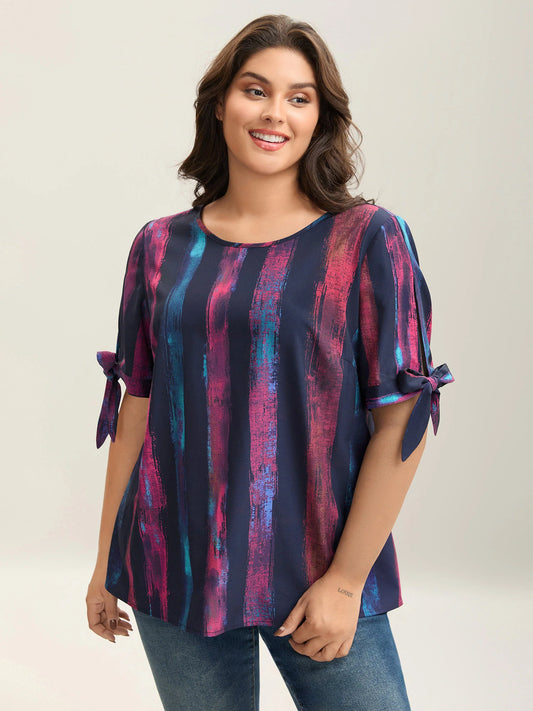Irregular Stripes Sleeve Tie Blouse
