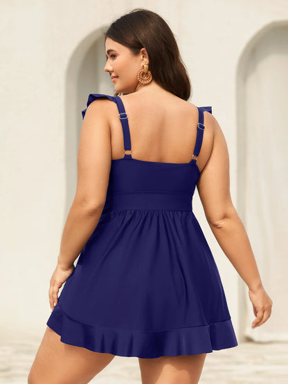 Ruffled Hem Flutter Sleeve Drawstring Swim Dress